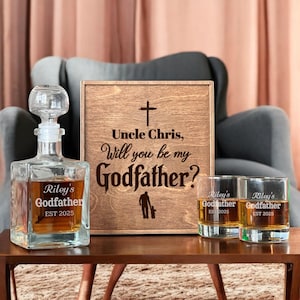 Regalo per il Padrino, Set di Decanter per Whisky, Scatola per Proposta Personalizzata, Decanter Inciso, Bicchiere da Whisky Inciso, Sii il Mio Padrino, Decanter per Bourbon