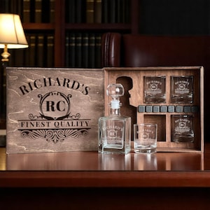 Whiskykarafset, gepersonaliseerd cadeau, cadeau voor vader, cadeau man, bourbonkaraf, gegraveerde houten kist, cadeau voor hem, whiskyglazen