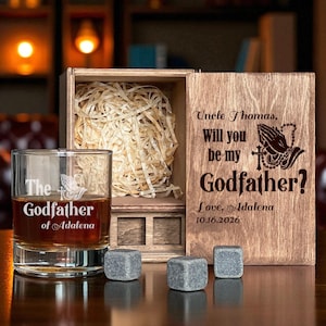 Chiedimi di diventare il padrino, set di decanter per whisky, bicchieri incisi, scatola di legno personalizzata, sponsor del padrino, battesimo, data personalizzata