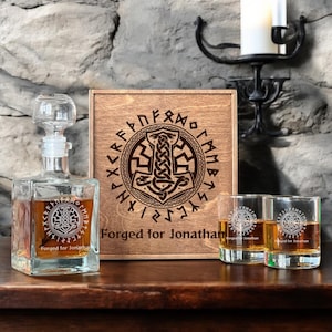 Viking Gifts for Men, Norse Whiskey Glass, Viking Compass, Engraved Runes, Viking Decanter Set, Custom Wooden Box, Housewarming Gift
