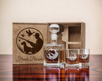 Hunting Whiskey Decanter Set: Personalized Duck & Dog Whiskey Glasses in Engraved Wooden Box