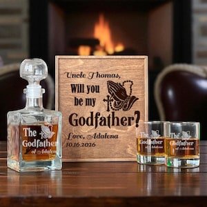 Regalo di proposta di matrimonio per il padrino, set di decanter per whisky, bicchieri incisi, scatola di legno personalizzata, sii il mio padrino, regalo di battesimo, data personalizzata con nome
