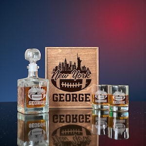 Personalized Football Whiskey Set With Etched Decanter And Engraved Glasses, Premium Wooden Box Gift For Men Who Love Sports
