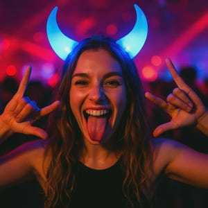 May include: A person wearing blue glowing devil horns, sticking out their tongue, and making a rock and roll hand gesture. The background is blurred with red and blue lights, suggesting a concert or party setting.