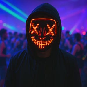 LED Neon Face Mask – Festival Gear, Halloween Rave Mask, One Size, Red Black