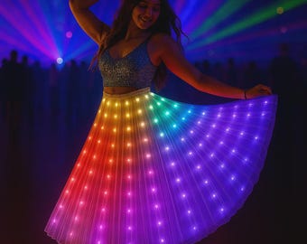 Rainbow LED Skirt - Festival Outfit, Birthday Gift, Adult Child Sizes, Light Up Clothing, Multicolor Glow, 90cm Long, Colorful Costume