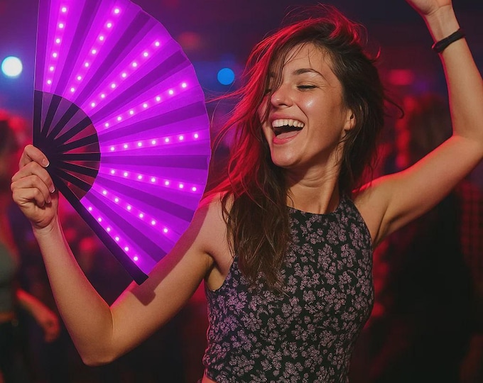 LED Folding Fan - Party Rave Gift Ideas, Festival Accessory, One Size, Multicolor
