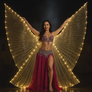 May include: A woman in a belly dance costume with illuminated wings. The costume includes a jeweled bra and belt, and a long, flowing magenta skirt with a high slit. The wings are a sheer, golden fabric with embedded lights.