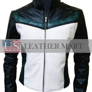 May include: A black and white leather jacket with green accents. The jacket has a zipper closure and a stand-up collar.