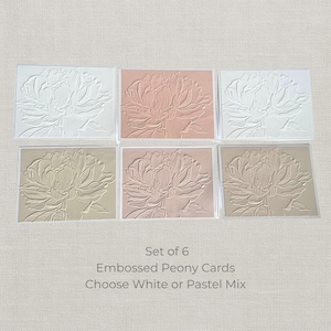 May include: Set of six embossed peony cards in white, pastel pink, and beige. Each card features a detailed floral design. The text on the image reads "Set of 6 Embossed Peony Cards Choose White or Pastel Mix."