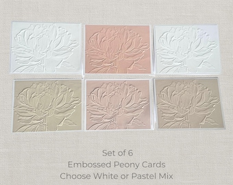 Handmade Embossed Peony Note Cards: Floral Stationery Set - Pastel or White