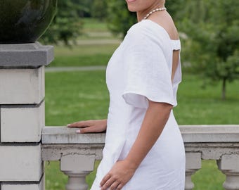 White Linen Mini Dress: Handmade Stonewashed Flax, Open Back
