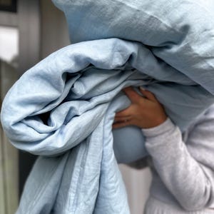 Sky Blue Linen Bedding Set: Stonewashed European Flax Duvet Cover