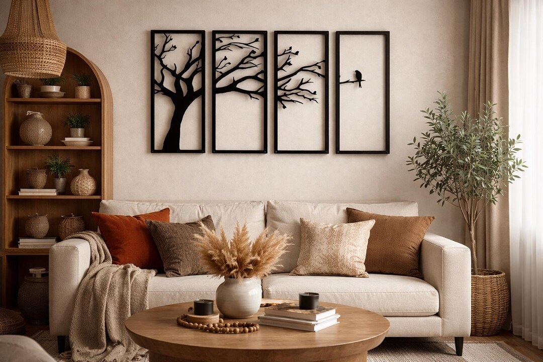 Tree Wall Art Set of 4 Panels, Minimalist Nature Metal Wall Decor ...