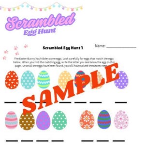 May include: A printable Easter egg hunt game for children. The game features a scrambled egg hunt with a secret message to solve. The game includes colourful eggs with different patterns and letters.