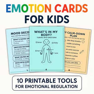 Tarjetas de emociones para niños: Hojas de trabajo imprimibles sobre sentimientos para la regulación emocional / Actividades SEL / Tamaño A4 y carta (PDF) / 10 páginas