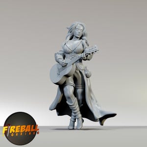 May include: A grey figurine of a female elf playing a guitar. The elf is wearing a long dress and boots. The figurine has long hair and pointed ears. The Fireball Figurines logo is in the lower left corner.