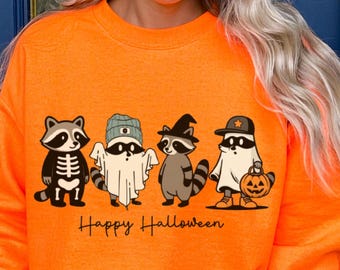 Funny Raccoon Halloween Sweatshirt,Happy Halloween Sweatshirt,Raccoon Ghost Sweatshirt, Pumpkin Sweatshirt, Halloween Skeleton Sweatshirt