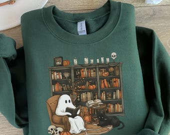 Camiseta retro de fantasma leyendo libros, fantasma de bibliotecario para Halloween, sudadera de maestro para Halloween, camiseta de Halloween, regalo para maestro, escuela Boo