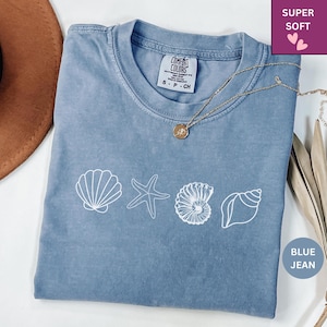 Camiseta de conchas marinas de los 90 con estilo vintage de Comfort Colors®, camiseta retro Y2K con conchas marinas, camiseta para amantes del mar, camisetas de verano con océano, camiseta con animales marinos adorables