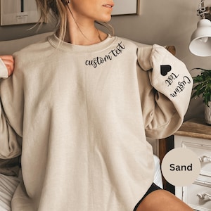 Personalized Minimalist Sweatshirt, Custom Text Hoodie With Names On Neck, Personalized Names Outfit On Sleeve, Customizable Crewneck Gifts