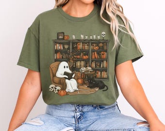 Camiseta retro de fantasma leyendo libros, fantasma de bibliotecario para Halloween, sudadera de maestro para Halloween, camiseta de Halloween, regalo para maestro, escuela Boo