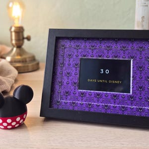 May include: A black rectangular frame containing a purple patterned insert with the text 30 DAYS UNTIL DISNEY in white and gold lettering. Next to the frame is a small black and red sphere with two black ears and white polka dots.