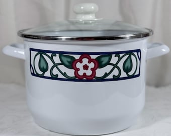 Olla vintage Pfaltzgraff Arbor Vine de acero esmaltado con tapa de vidrio / Utensilios de cocina descatalogados de la década de 1990