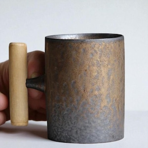 Kaffeetasse aus Keramik - Rostglasur - Japanische Vintage Teetasse - Teetasse/Kaffeetasse im Vintage-Stil - Keramiktasse - Kaffeetasse mit Holzgriff