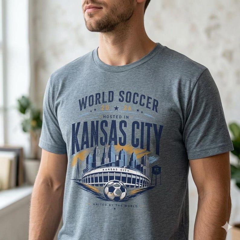 May include: A heather blue crew neck t-shirt featuring a graphic print that reads WORLD SOCCER 2026 HOSTED IN KANSAS CITY UNITED BY THE WORLD. The design includes a stylized city skyline, a stadium, and a soccer ball in navy, white, and gold.