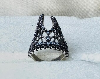 Crown Statement Ring | Filigree Brass Ring | Vintage Oxidized Silver Ring