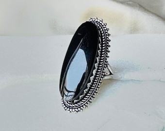 Boho Black Onyx Ring | Long Statement Ring | Vintage Beaded Ring | Oxidized Silver Brass