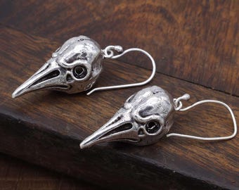 Oxidized Sterling Silver Raven Skull Earrings | Gothic Dangle