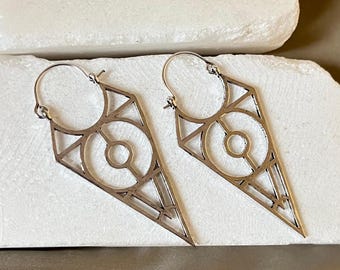 Geometric Triangle Hoop Earrings | Handmade Silver Statement Earrings | Boho Tribal Dangle Earrings for Women Lightweight jewelry for woman