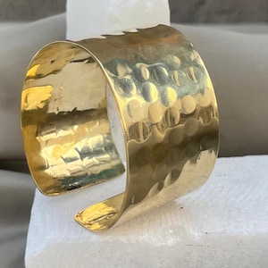 Gold Plated Brass Hammered Cuff Bracelet | Handmade Wide Open Bangle | Textured Boho Festival Jewelry | Bold Adjustable gold plated cuff