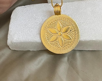 Gold Floral Medallion Pendant Necklace | Brass Mandala Inspired Necklace | Ethnic Statement Jewelry for Women | Boho Festival Necklace