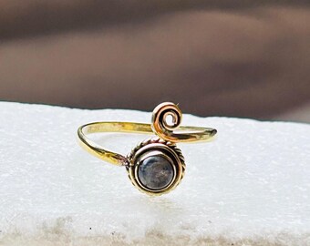 Spiral Moonstone Brass Ring | Handmade Boho Adjustable Jewelry