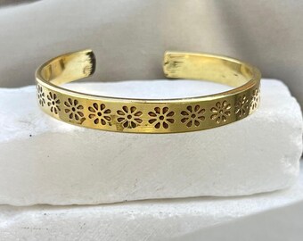 Boho Floral Cuff Bracelet | 18k Gold Plated Flower Bangle | Brass Cuff Bracelet For Women