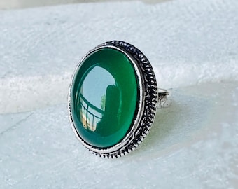 Green Onyx Ring | Handmade Brass Gemstone Ring | Vintage Ornate Ring | Tribal Silver Ring