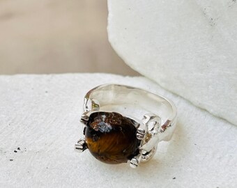 Tigers Eye Brass Ring | Mens Silver Plated Ring | Chunky Geometric Band | Gift For Him | Vintage Band