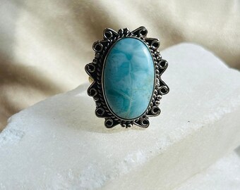 Blue Larimar Brass Ring | Vintage Filigree Statement Ring | Ethnic Boho Gemstone Jewelry | Oxidized Silver Finish