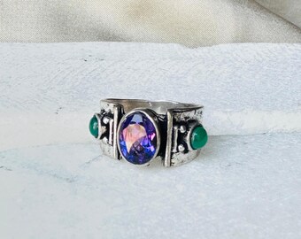 Tribal Wide Gemstone Ring | Men's Brass Ring | Chunky Boho Band | Oxidized Silver Finish | Gift For Him | Vintage Purple Stone Ring