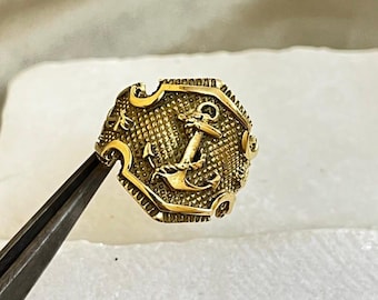 Anchor signet Ring for Men in Brass | Nautical Gold Plated Statement Ring | Vintage Sailor Pirate Ring | Adjustable Maritime Jewelry Gift