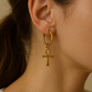 Brass Ankh Cross Hoop Earrings | Handmade Egyptian Symbol Earrings for Women | Boho Egypt Jewelry | Gift for Her