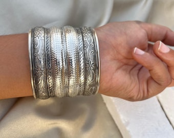 Tribal Silver Cuff Bracelet for Women | Wide Engraved Statement Bangle | Ethnic Handmade Jewelry | Adjustable Boho Handmade Bracelet