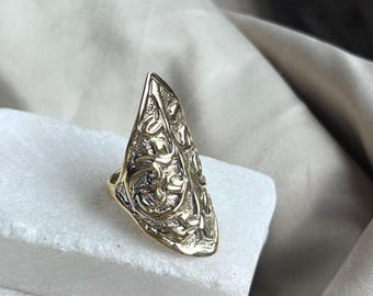 Tribal Long Leaf Statement Ring | Vintage Filigree Botanical Brass Ring | Handmade Nature Inspired Cocktail Jewelry