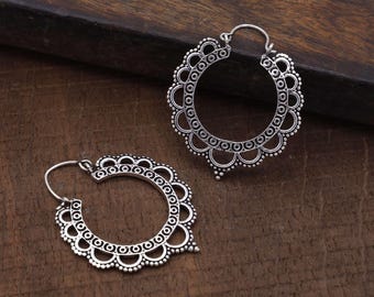 Sterling Silver Tribal Hoop Earrings – Handmade Boho Ethnic Earrings for Women – Oxidized Round Statement Earrings
