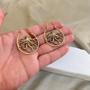 Octopus Hoop Earrings for Women | Brass Marine Theme Statement Jewelry | Gold Plated Ocean Animal Earrings | Boho Nautical Dangle Hoops