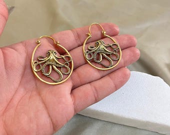 Octopus Hoop Earrings for Women | Brass Marine Theme Statement Jewelry | Gold Plated Ocean Animal Earrings | Boho Nautical Dangle Hoops