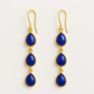Lapis Lazuli Dangle Earrings | Gold Teardrop Long Earrings in Brass | Handmade Boho Jewelry | Tribal Statement Earrings for Women